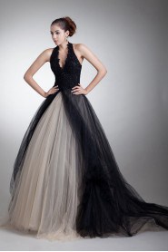 Satin and Net Halter Ball Gown with Embroidery