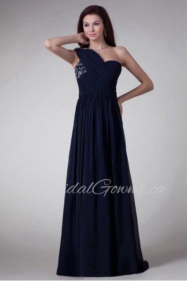 Chiffon One Shoulder Column Dress with Embroidery