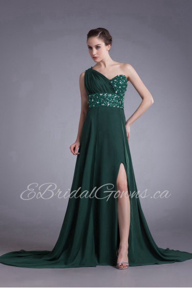 Chiffon Asymmetrical Column Dress with Embroidery