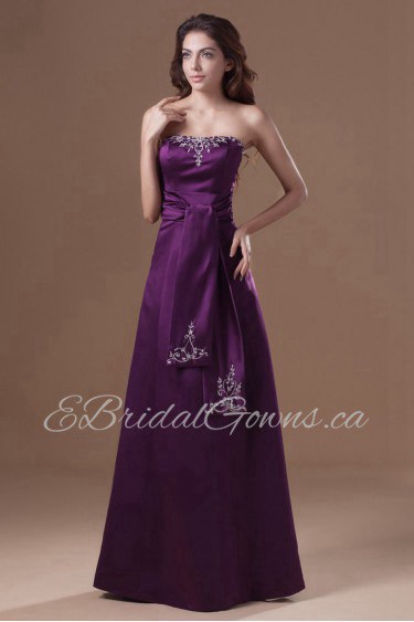 Satin Strapless A Line Dress with Embroidery