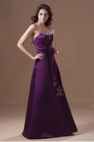 Satin Strapless A Line Dress with Embroidery