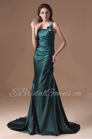 Satin One Shoulder Sheath Dress with Embroidery