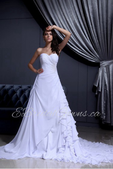 Chiffon Satin Sweetheart A-line Dress with Ruffle Beaded