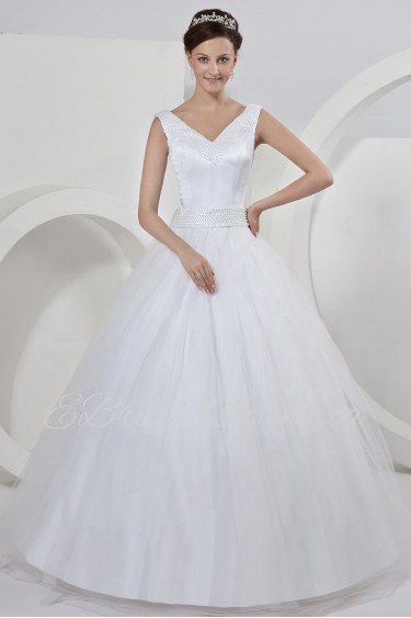 Satin V-Neckline Watteau Train A-Line Dress with Bow Sash