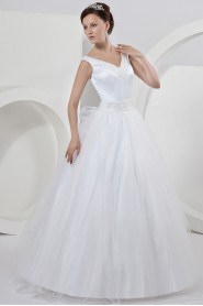 Satin V-Neckline Watteau Train A-Line Dress with Bow Sash