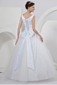 Satin V-Neckline Watteau Train A-Line Dress with Bow Sash