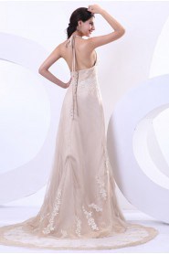 Satin Tulle Halter Neckline A-Line Dress with Embroidery