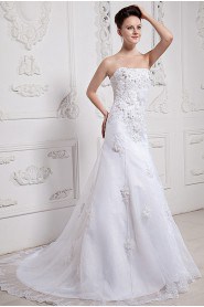 Satin and Organza Strapless A-Line Dress with Embroidery Beaded