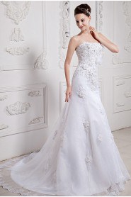 Satin and Organza Strapless A-Line Dress with Embroidery Beaded