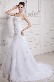 Satin and Organza Strapless A-Line Dress with Embroidery Beaded