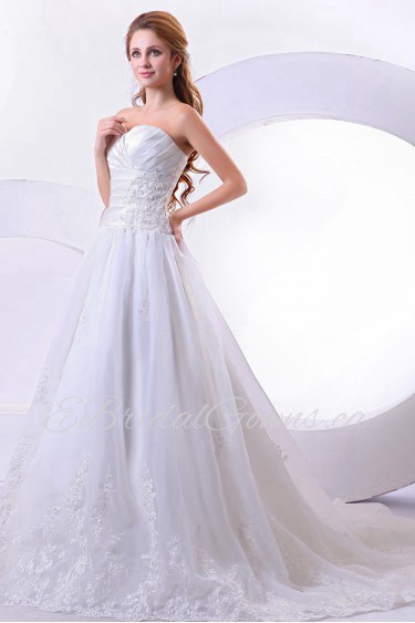 Satin and Organza Sweetheart Floor Length A-Line Dress with Embroidery 