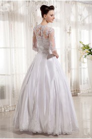 Satin V-Neckline Floor Length Ball Gown with Embroidery and Half-Sleeves