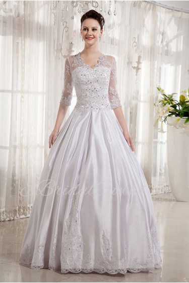 Satin V-Neckline Floor Length Ball Gown with Embroidery and Half-Sleeves