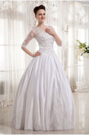 Satin V-Neckline Floor Length Ball Gown with Embroidery and Half-Sleeves