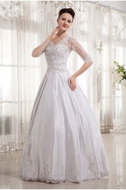 Satin V-Neckline Floor Length Ball Gown with Embroidery and Half-Sleeves