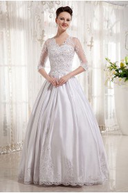 Satin V-Neckline Floor Length Ball Gown with Embroidery and Half-Sleeves