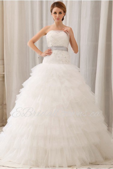 Gauze Strapless Ball Gown with Embroidery