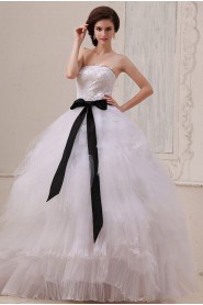 Gauze Strapless Floor Length Ball Gown with Sash and Embroidery