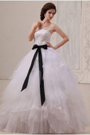 Gauze Strapless Floor Length Ball Gown with Sash and Embroidery