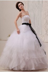 Gauze Strapless Floor Length Ball Gown with Sash and Embroidery