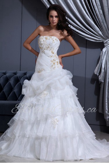 Satin and Organza Strapless A-line Dress with Beaded