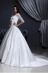 Satin and Lace V-Neckline Ball Gown with Embroidery and Half-Sleeves