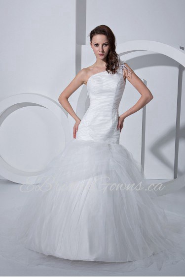 Satin Tulle One-Shoulder Mermaid Dress with Ruffle