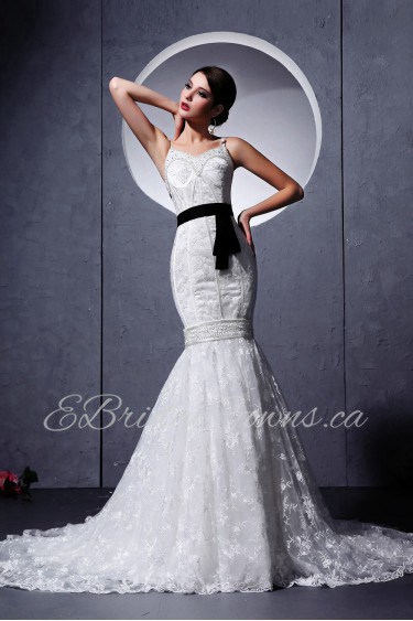 Lace Spaghetti Straps Mermaid Dress with Sash