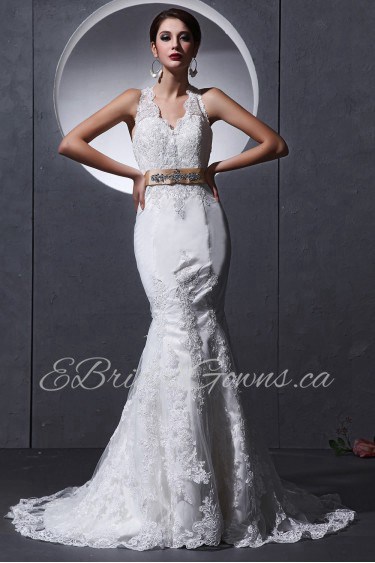 Lace and charmeuse Halter Neckline Mermaid Dress with Embroidery