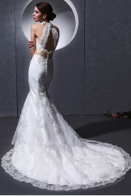 Lace and charmeuse Halter Neckline Mermaid Dress with Embroidery