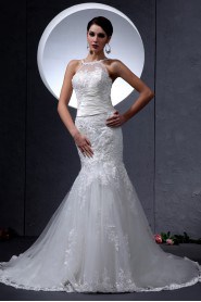 Lace and Satin Round Neckline Mermaid Dress with Embroidery