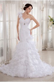 Organza One-Shoulder Mermaid Dress with Embroidery and Ruffle