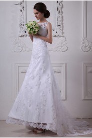 Satin and Lace Round Neckline A-Line Dress with Beaded