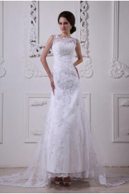 Satin and Lace Round Neckline A-Line Dress with Beaded