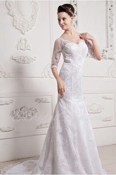 Lace and Satin Sweetheart A-Line Dress with Half-Sleeves