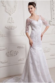 Lace and Satin Sweetheart A-Line Dress with Half-Sleeves