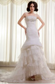 Organza and Lace Strapless Mermaid Dress with Beaded Ruffle and Embroidery