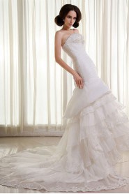 Organza and Lace Strapless Mermaid Dress with Beaded Ruffle and Embroidery