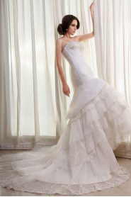 Organza and Lace Strapless Mermaid Dress with Beaded Ruffle and Embroidery