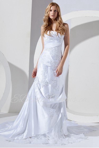 Satin and Lace Strapless A-Line Dress with Embroidery