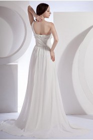 Chiffon and Satin One-Shoulder A-Line Dress with Beaded