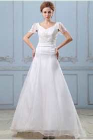 Satin Organza V-Neckline A-Line Dress with Embroidery and Cap-Sleeves