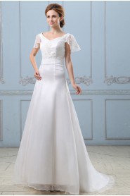 Satin Organza V-Neckline A-Line Dress with Embroidery and Cap-Sleeves