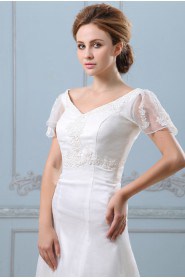 Satin Organza V-Neckline A-Line Dress with Embroidery and Cap-Sleeves