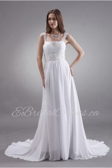 Satin and Chiffon Straps Neckline A-line Dress with Beaded