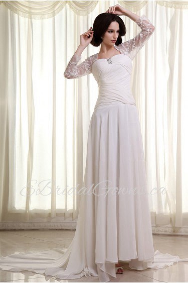 Chiffon Lace Square Neckline Column Dress with Three-quarter Sleeves