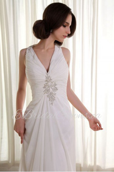 Chiffon and Satin V-Neckline Sheath Dress with Ruffle Embroidery