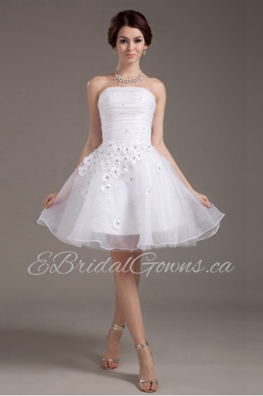 Mesh and Satin Strapless Short Dress with Beaded and Flowers