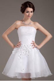 Mesh and Satin Strapless Short Dress with Beaded and Flowers