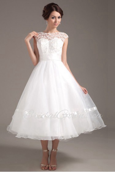 Organza Collar Neckline Tea-Length A-line Dress with Lace